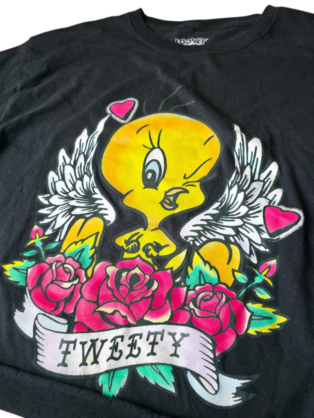Looney Tunes Tweety Bird Cropped Graphic Tee Black Angel Wings Roses Size M